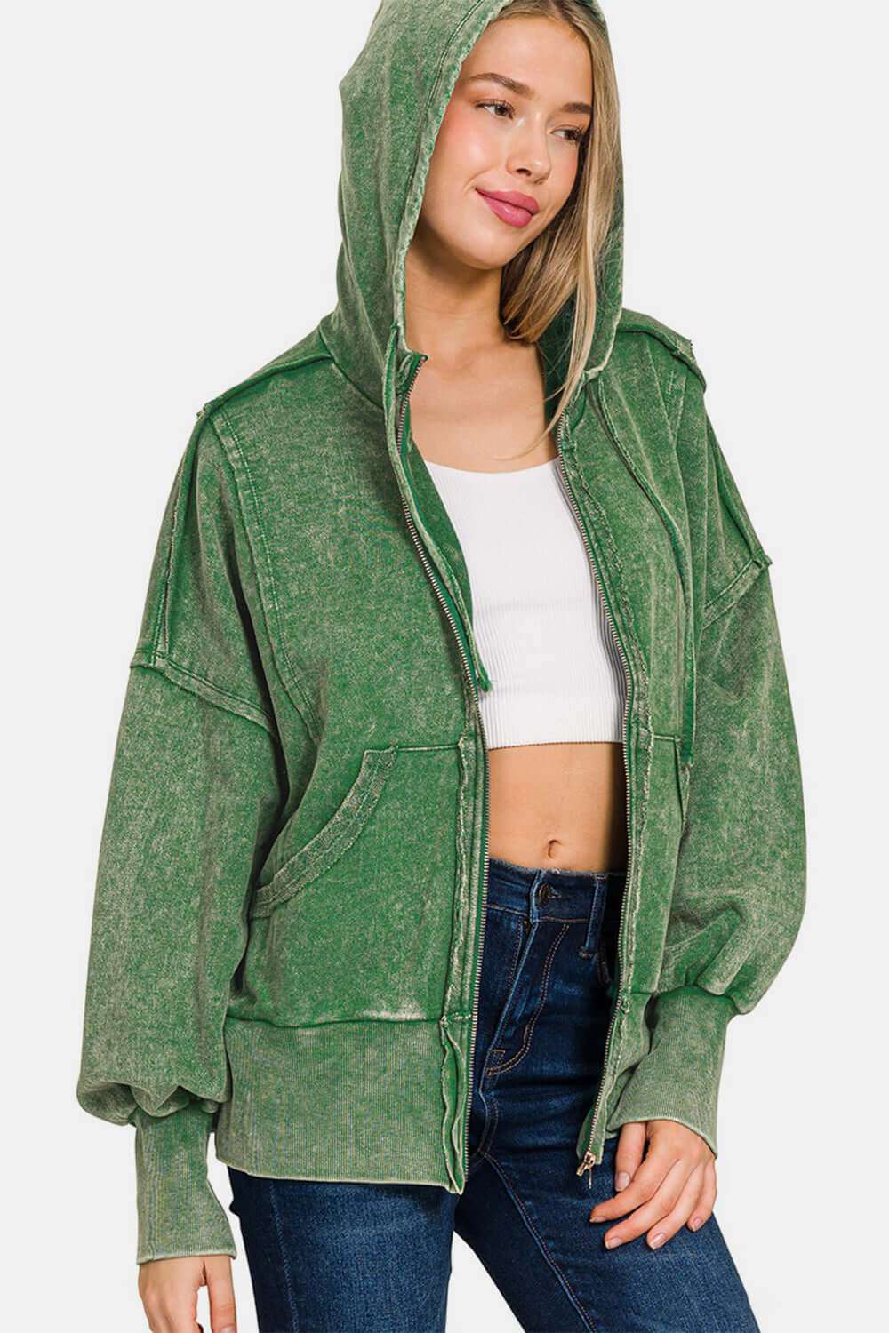 Zenana Acid Washed French Terry Zip-Up Hoodie with Pockets in green.