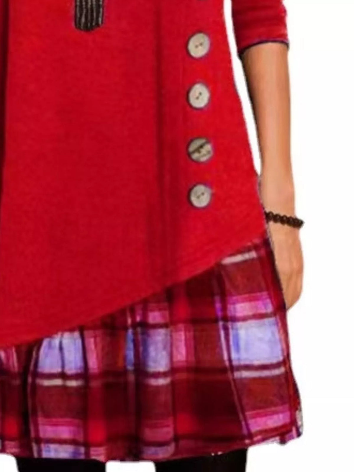 Plus size asymmetrical plaid patchwork long sleeve dress by Trendsi, featuring a stylish, full-coverage design with bold pattern.