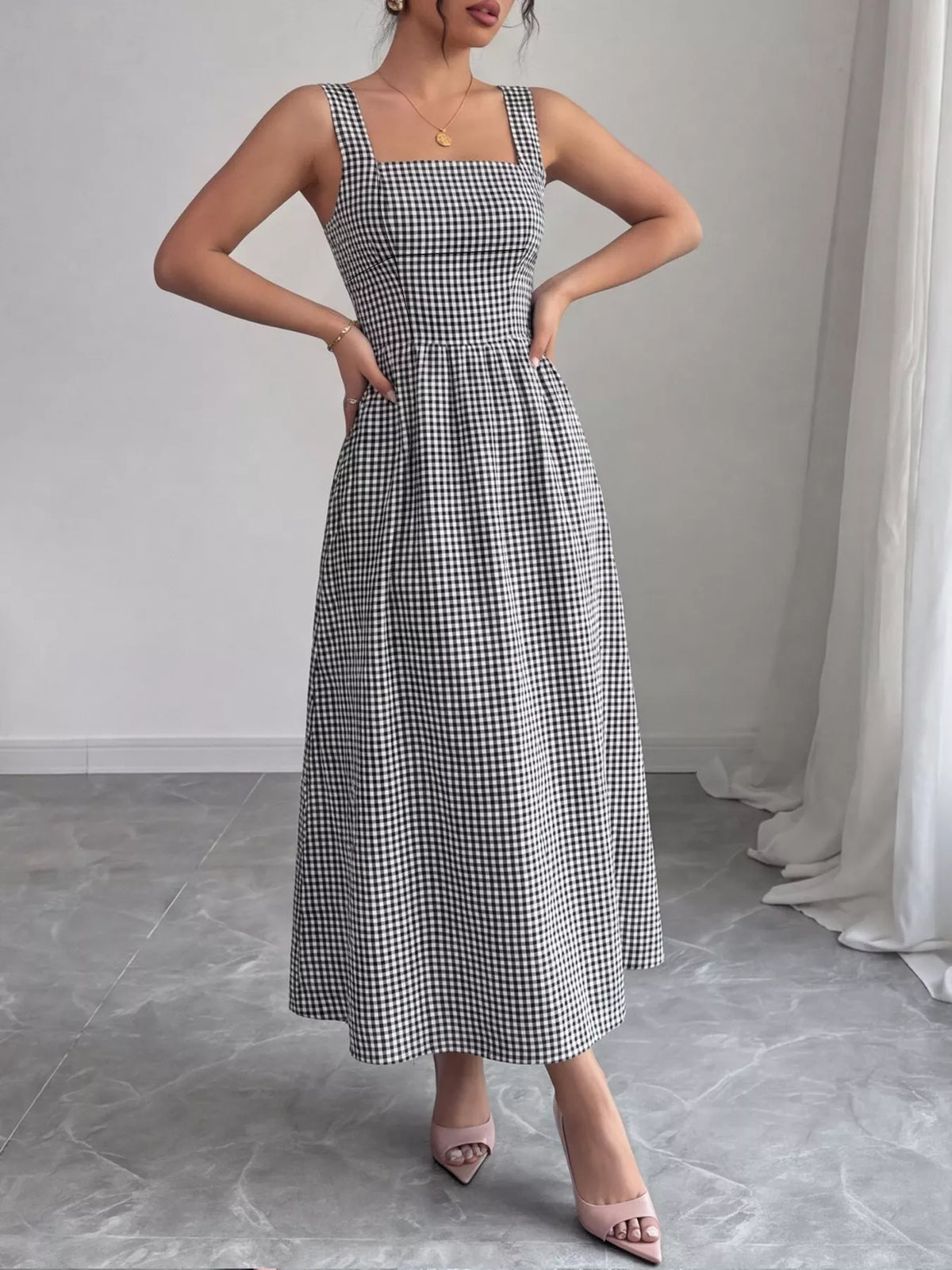 Square neck gingham midi dress by Plush Fashion Hub, showcasing a stylish, fitted design with a classic checked pattern.