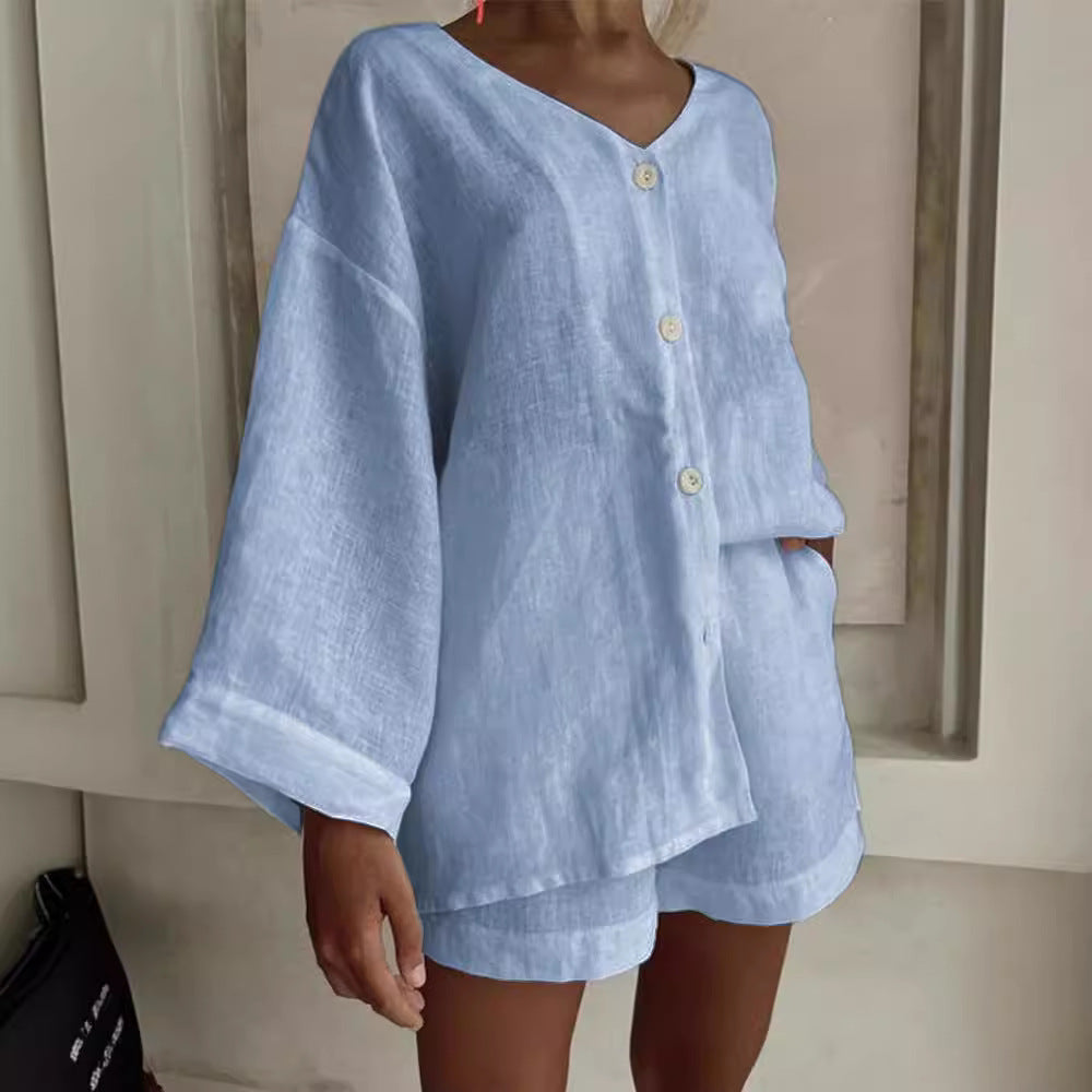 Women's cotton linen shirt and shorts set by Plush Fashion Hub, long sleeve casual 2-piece with buttons in natural fabric.