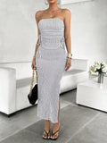 Striped tube top and slit skirt set by Trendsi, featuring a stylish matching two-piece outfit with bold stripes and trendy design.