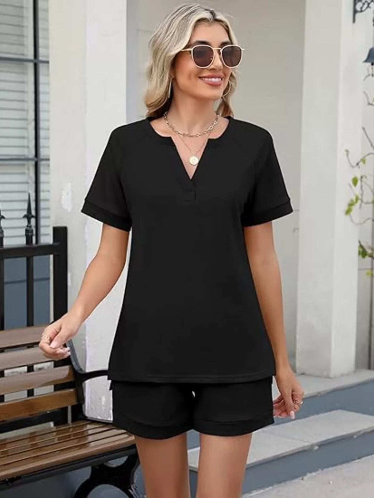 Solid color short sleeve top and shorts two-piece set by Plush Fashion Hub, casual summer outfit for women.