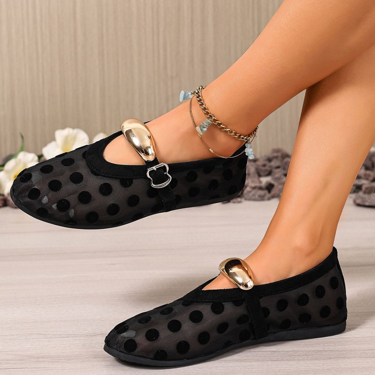 Women's polka dot mesh slip-on lightweight casual walking shoes by Plush Fashion Hub with breathable fabric and comfortable fit.