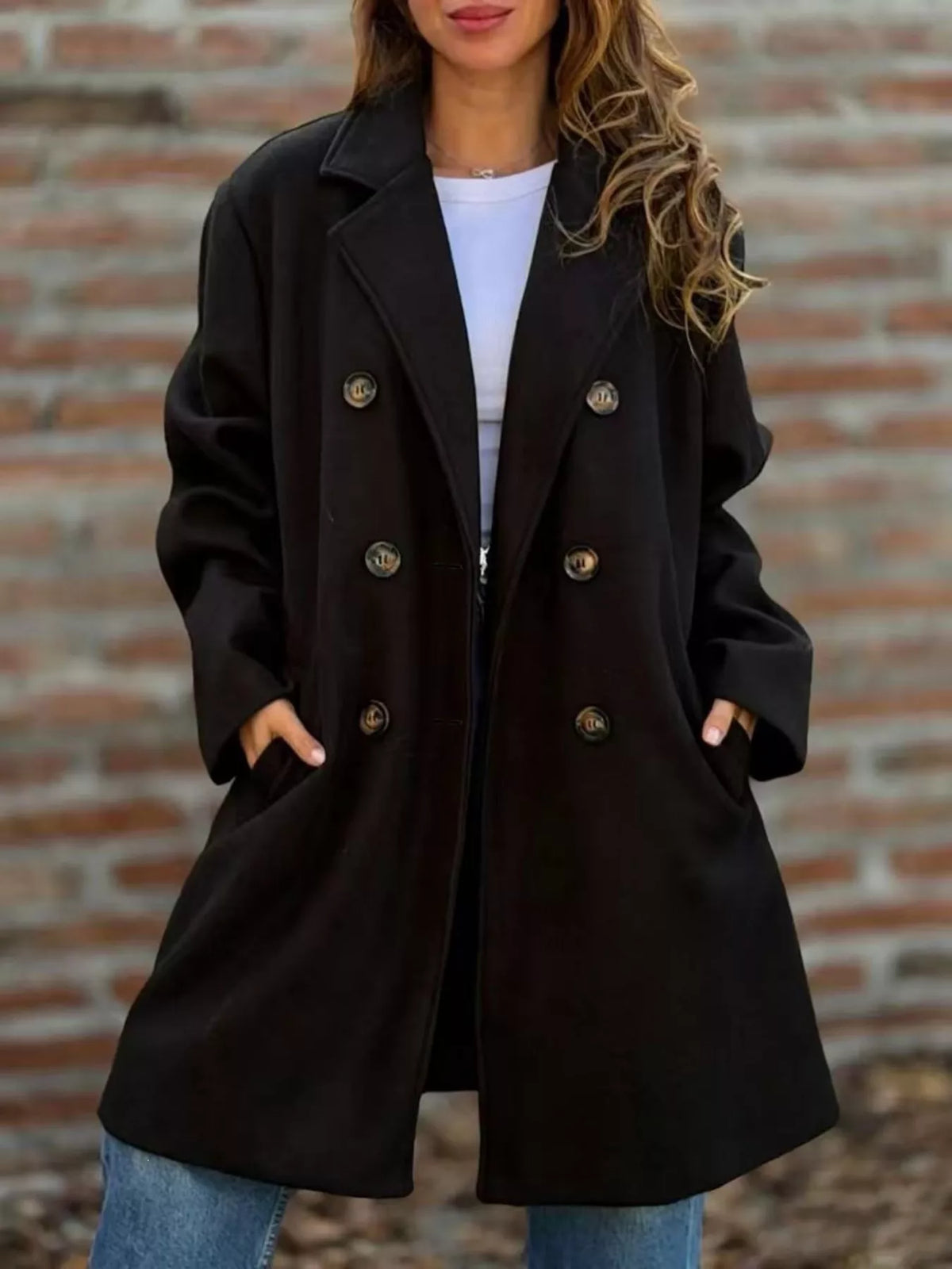Plus size casual double-breasted lapel collar coat by Trendsi, featuring full-length sleeves and a stylish silhouette.