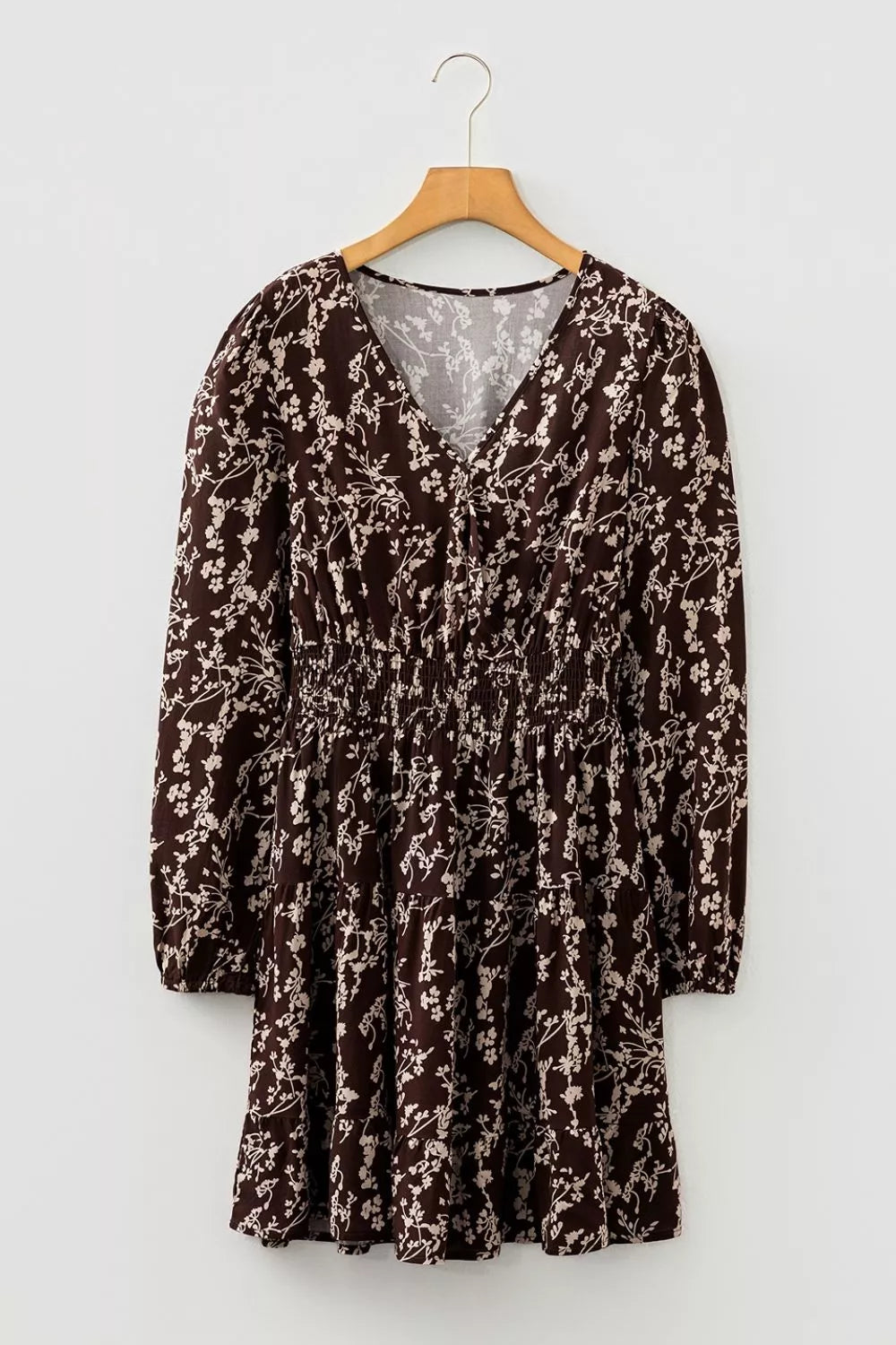Plush Fashion Hub mini dress with ditsy floral print, split neck, long sleeves, shirred waist, and flared skirt.