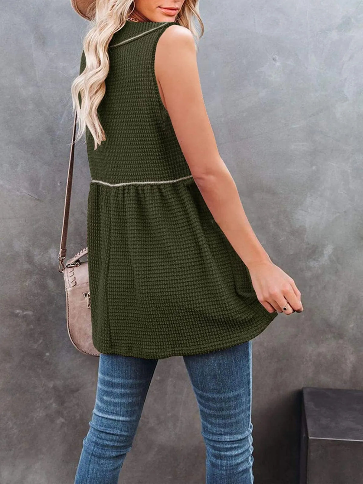 V-neck waffle knit tank top with contrast stitching from Plush Fashion Hub, featuring a fitted sleeveless design and textured fabric.