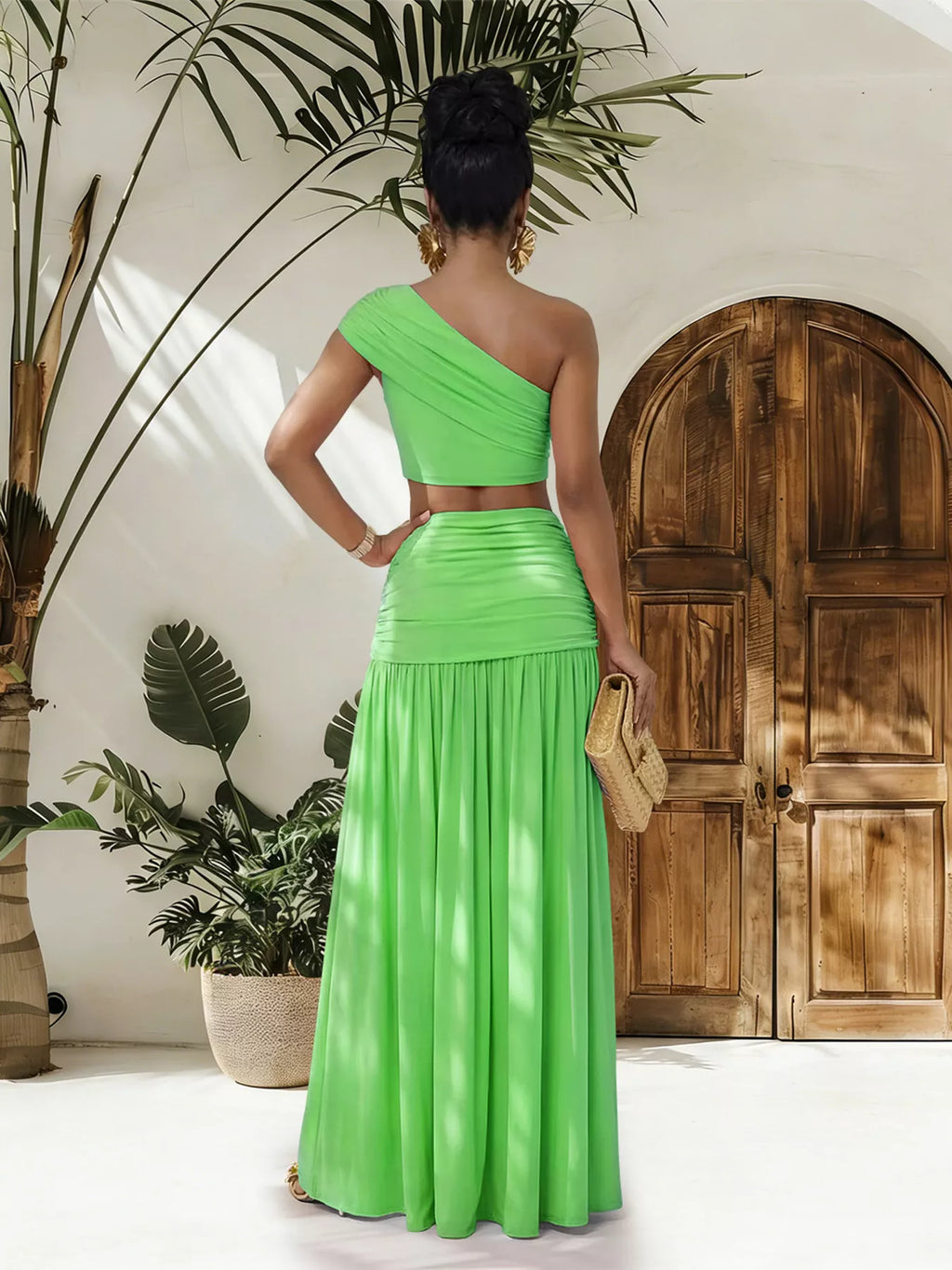 Trendsi one-shoulder top and ruched maxi skirt set, stylish matching outfit featuring a one-shoulder top and high-waisted skirt.