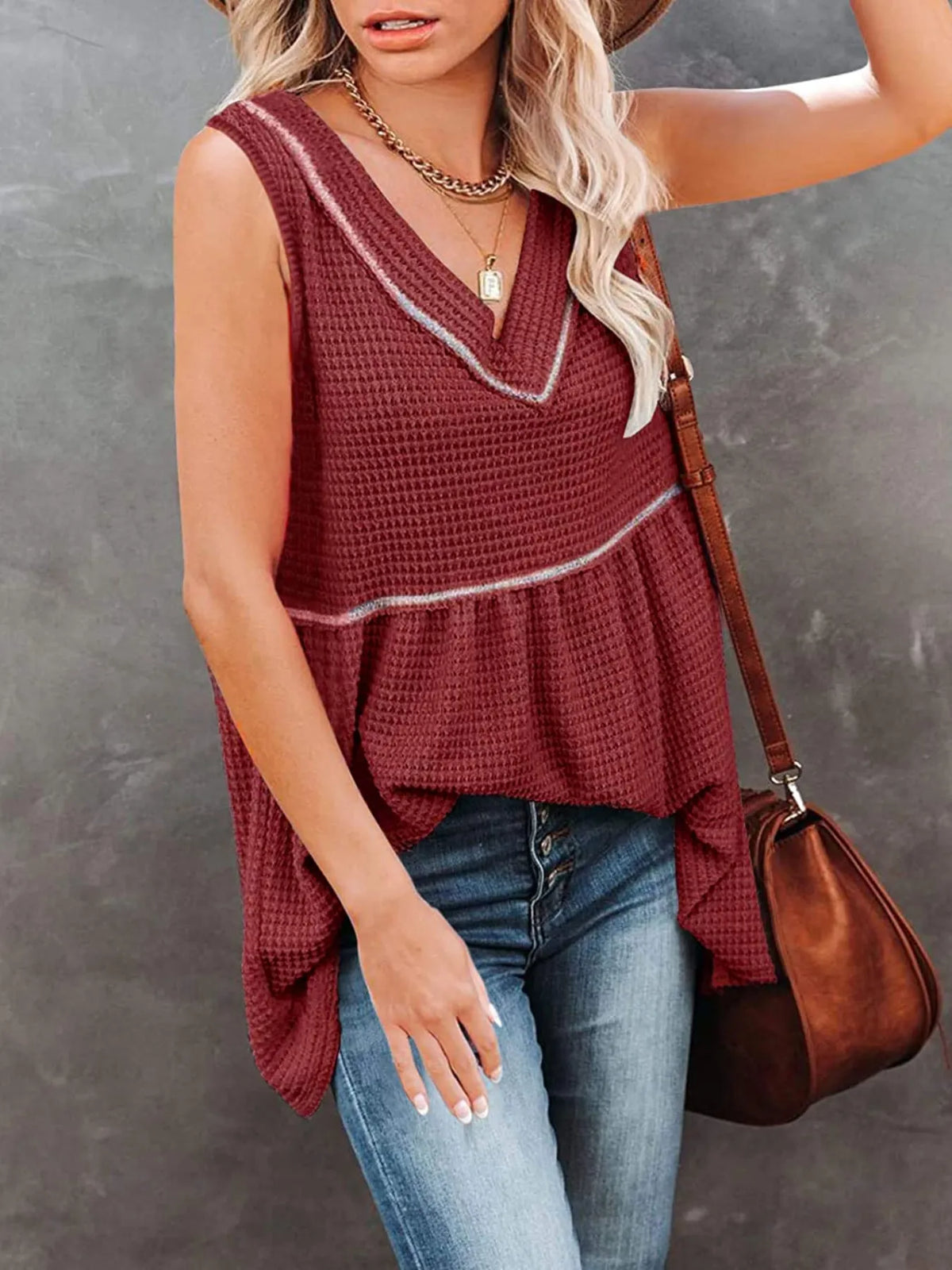 V-neck waffle knit tank top with contrast stitching from Plush Fashion Hub, showing the textured fabric and stylish design.