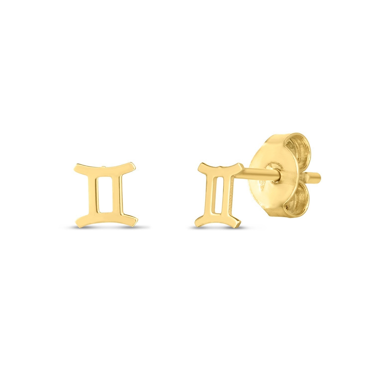 14K yellow gold Gemini stud earrings with engraved zodiac symbols, elegant jewelry for astrology enthusiasts.
