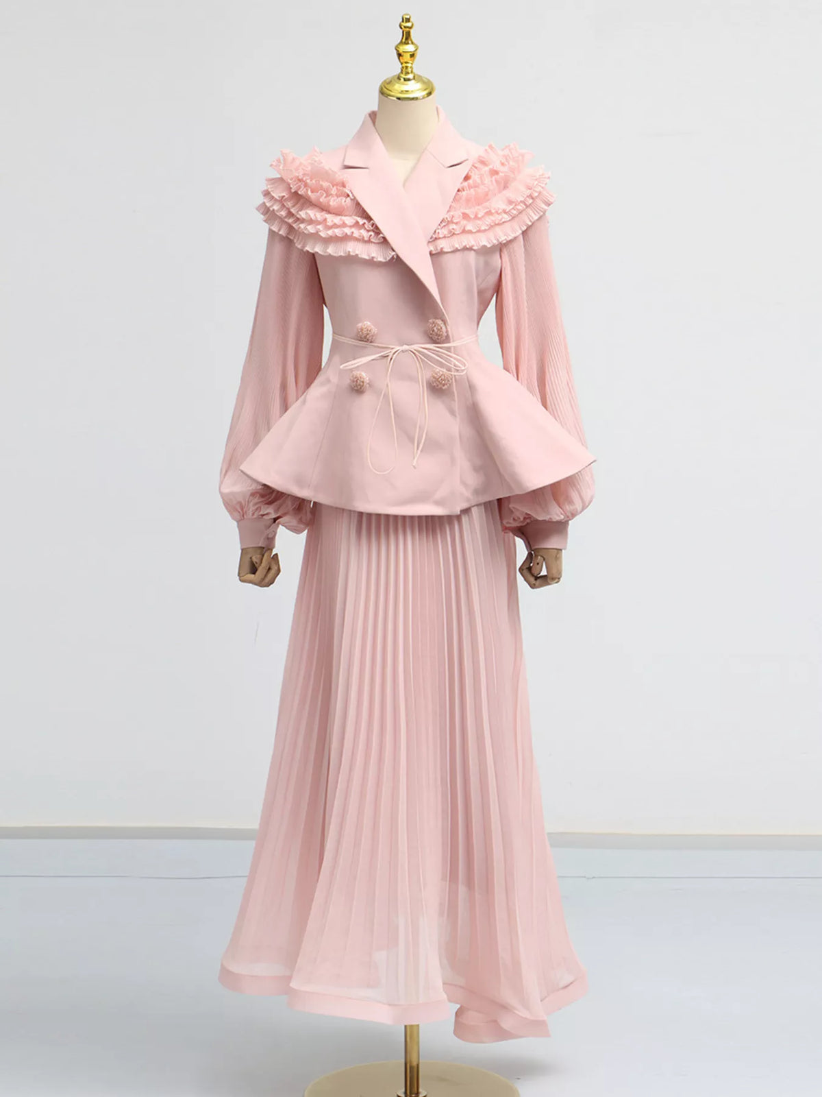 Plush Fashion Hub two-piece set with a frill lapel collar top and pleated skirt, stylish and elegant outfit for women.