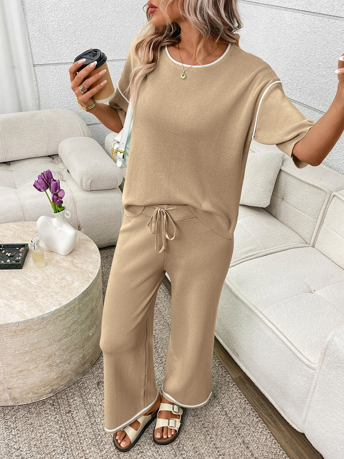 Women’s casual two-piece lounge set with round neck top and drawstring pants by Plush Fashion Hub, shown in a relaxed fit.