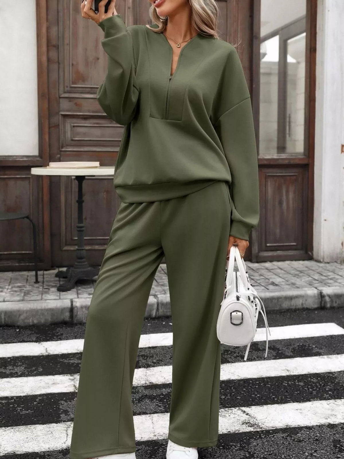 Trendsi women's half zip sweatshirt and wide-leg pants set, stylish matching loungewear with comfortable fit and casual look.