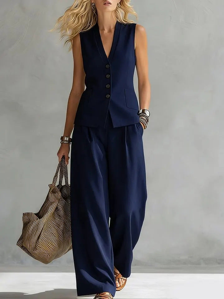 Women's solid linen sleeveless tank top and full-length pants set by FitiqueFit, casualwear, shown on a model in a relaxed pose.