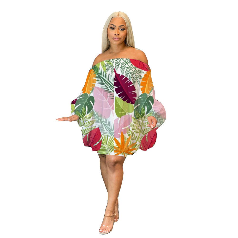 Off Shoulder Satin Printed Bat Sleeve Dress - Plush Fashion Shop #