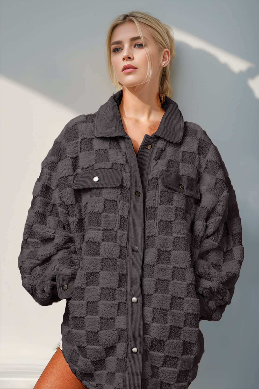 Fuzzy Checkered Shacket with functional pockets and button closure.