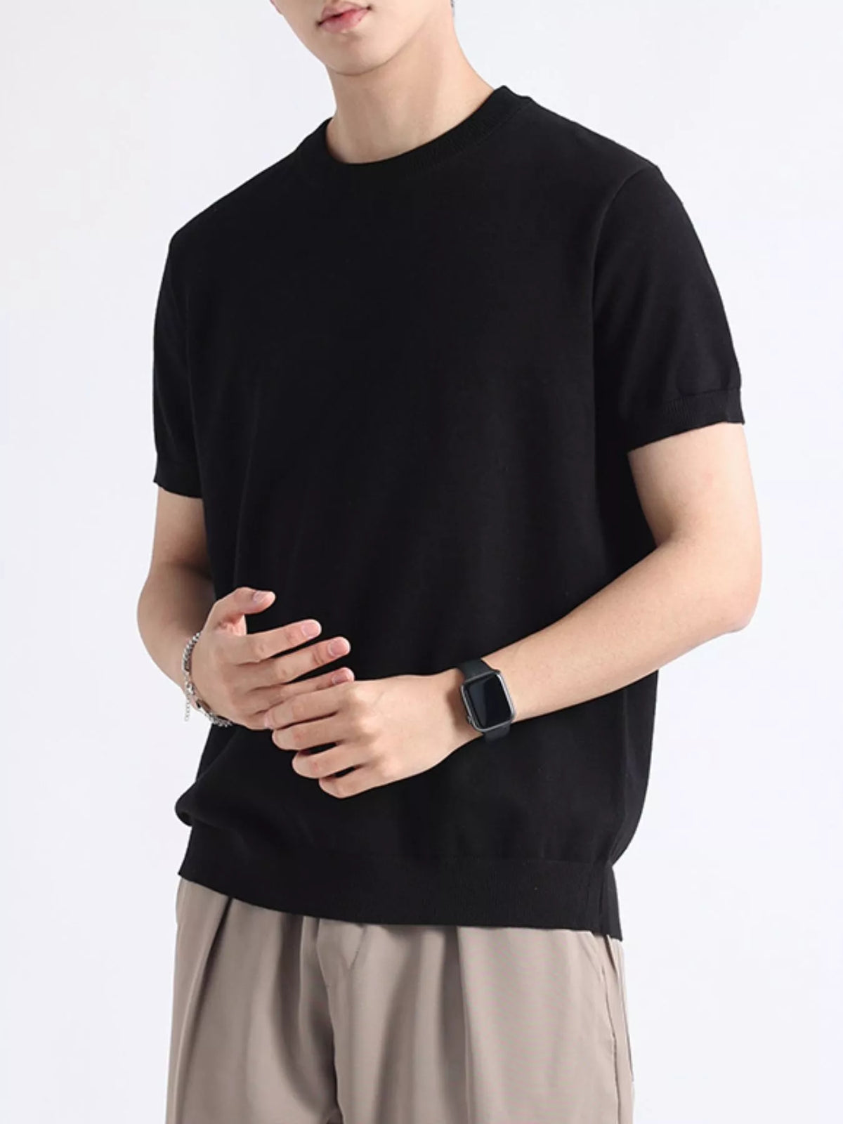 Men's plus size casual knitted short sleeve T-shirt by Plush Fashion Hub, featuring a comfortable fit and classic knit design.