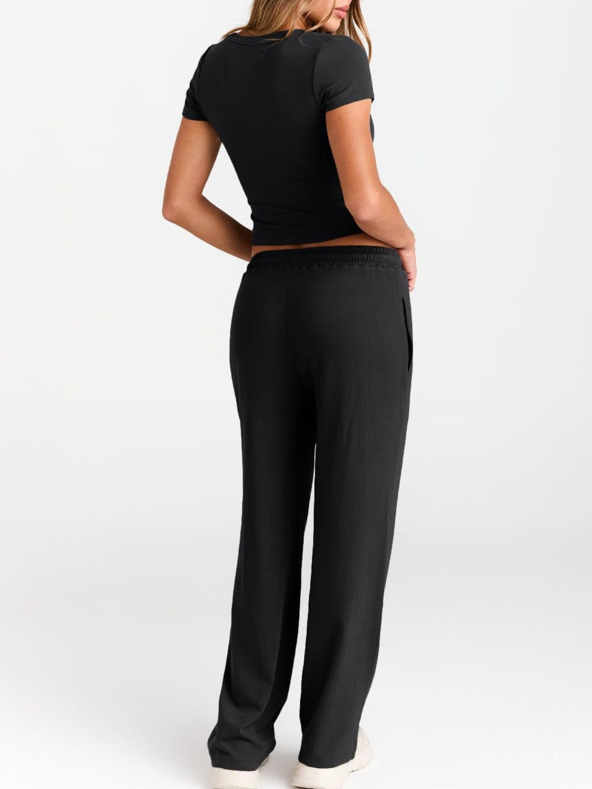 Women’s round neck short sleeve T-shirt and drawstring lounge set by Plush Fashion Hub, casual 2-piece set in comfortable fabric.