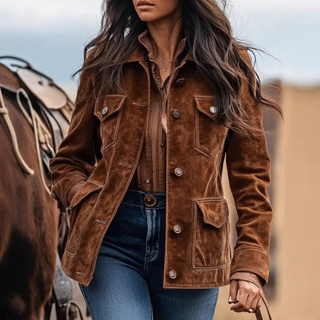 Women’s retro suede short jacket with multiple pockets, stylish FitiqueFit jacket designed for a vintage-inspired look.