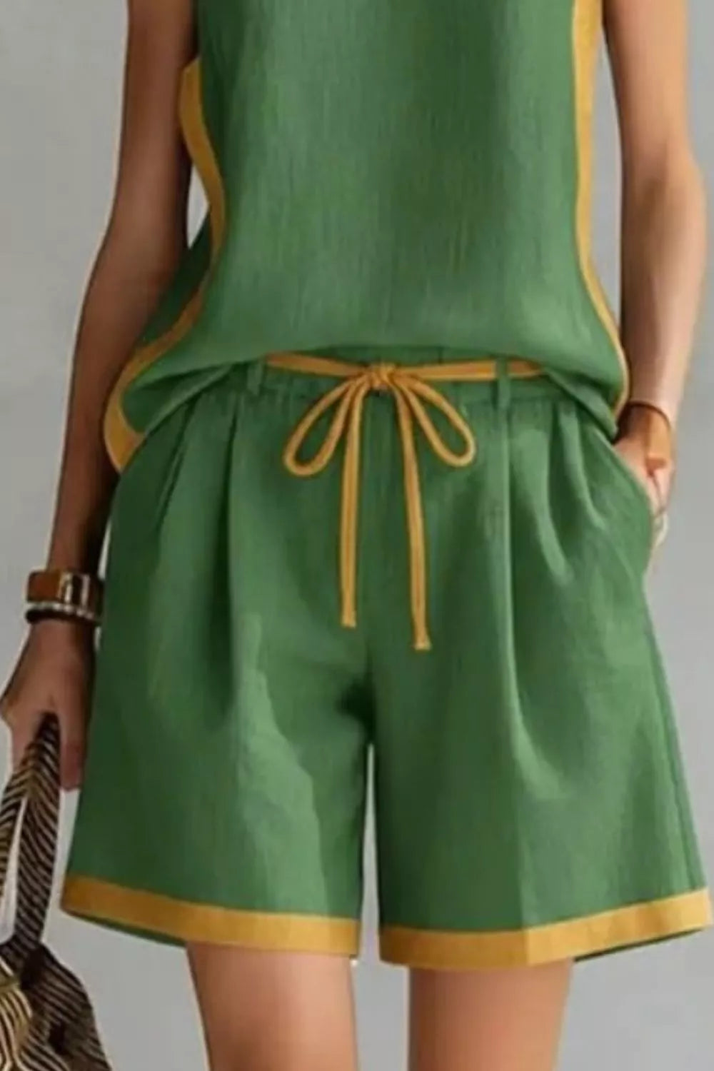Contrast trim sleeveless tank top and shorts loungewear set from Plush Fashion Hub, featuring comfortable fabric and stylish design.