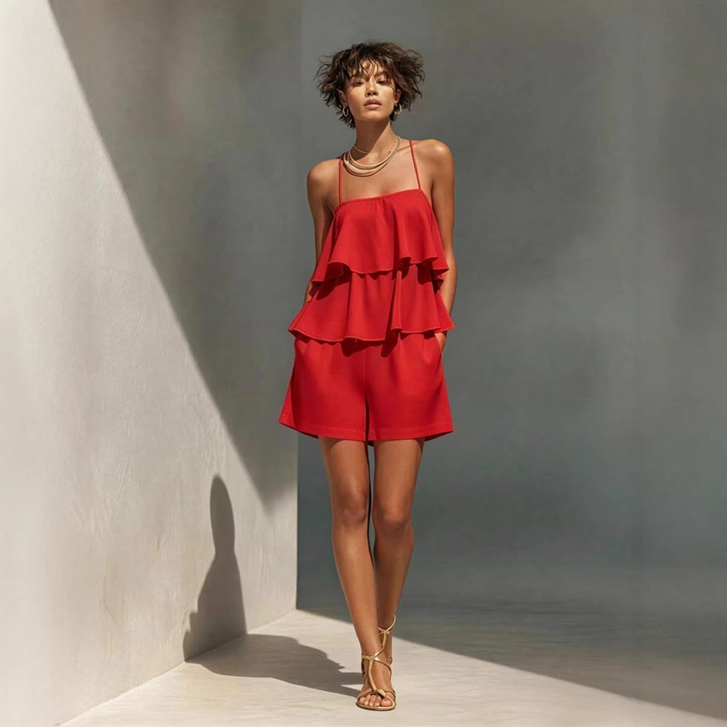 Women's multi-layer ruffle camisole and shorts set by FitiqueFit, featuring a casual, stylish design with ruffled details and comfortable fit.