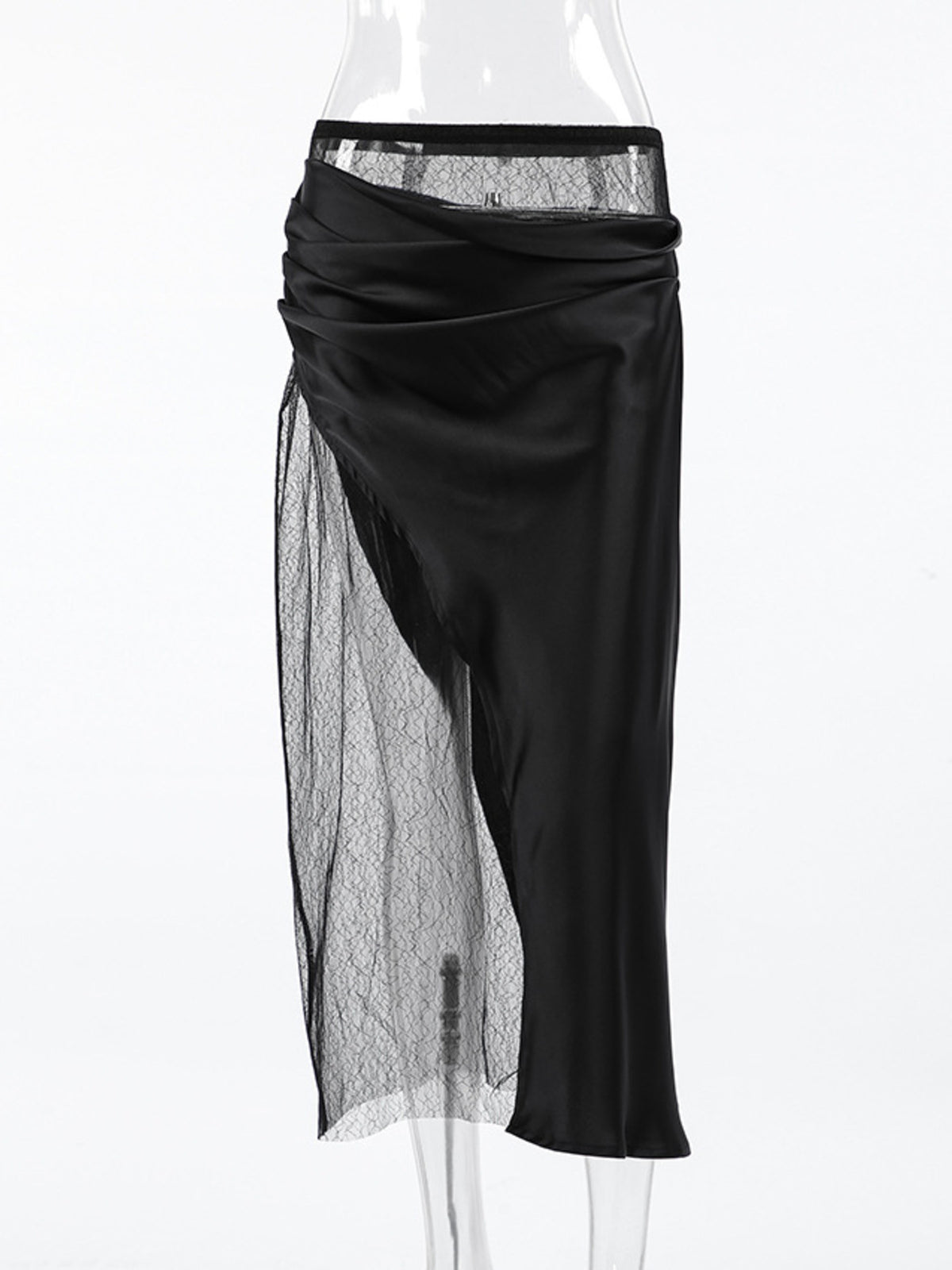 Elegant women’s lace midi skirt with sheer split detail from Plush Fashion Hub, featuring a flowing silhouette and intricate lace design.