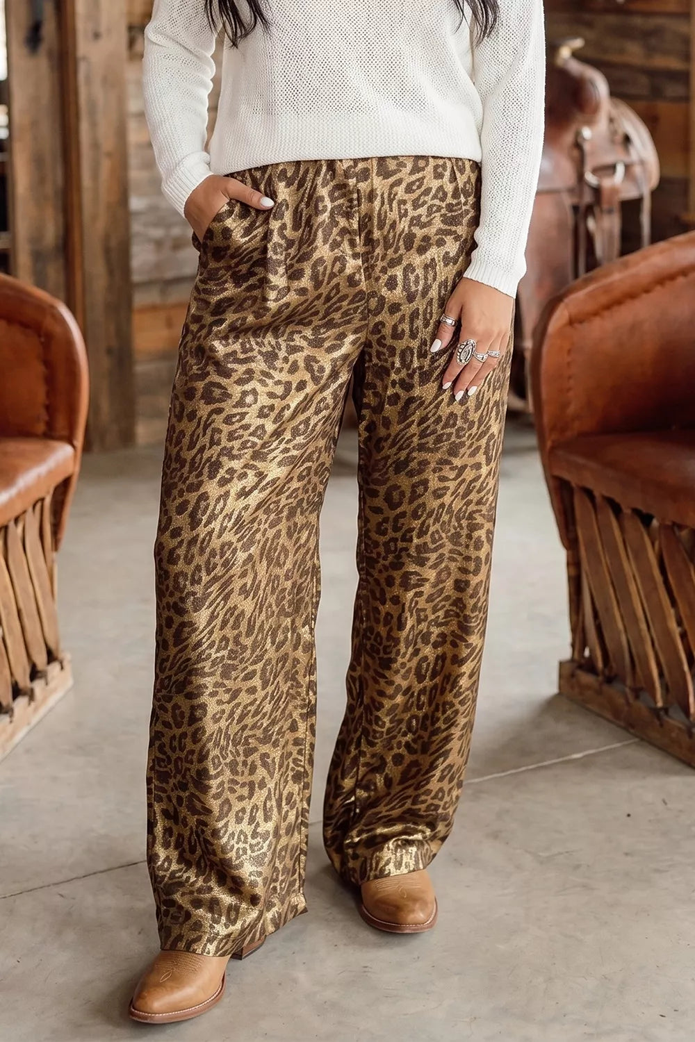 Multicolour leopard print wide-leg western style pants from Trendsi, full-length with a bold, fashionable design.
