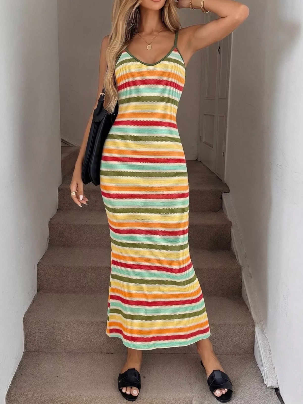 Striped Plush Fashion Hub bodycon knit midi dress with fitted silhouette and bold horizontal stripes, perfect for stylish occasions.