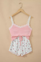 Ribbed knit floral lounge set with lace straps, patchwork design, lettuce hem cropped top and matching shorts from Trendsi.