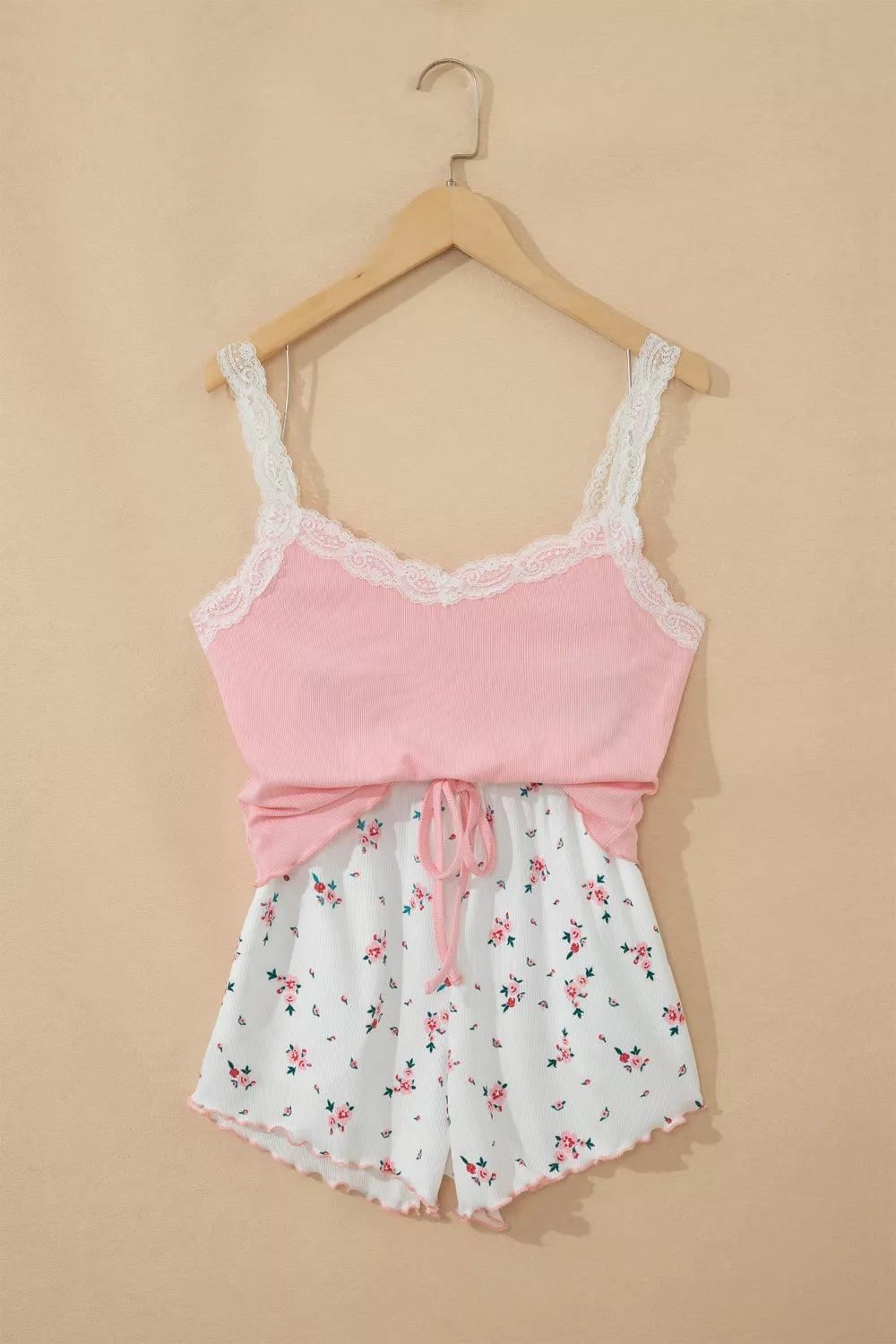 Ribbed knit floral lounge set with lace straps, patchwork design, lettuce hem cropped top and matching shorts from Trendsi.