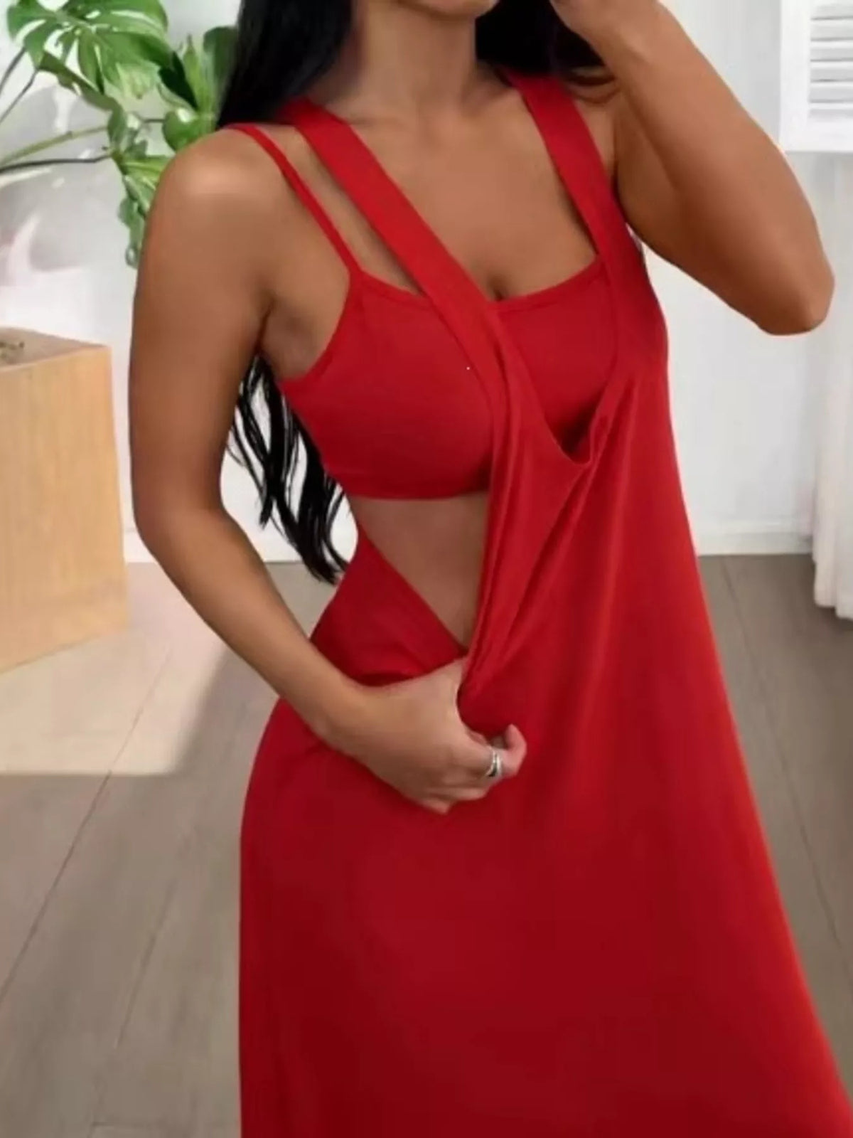 Plush Fashion Hub scoop neck cami and maxi dress two-piece set displayed on a hanger, in soft fabric with neutral tones.
