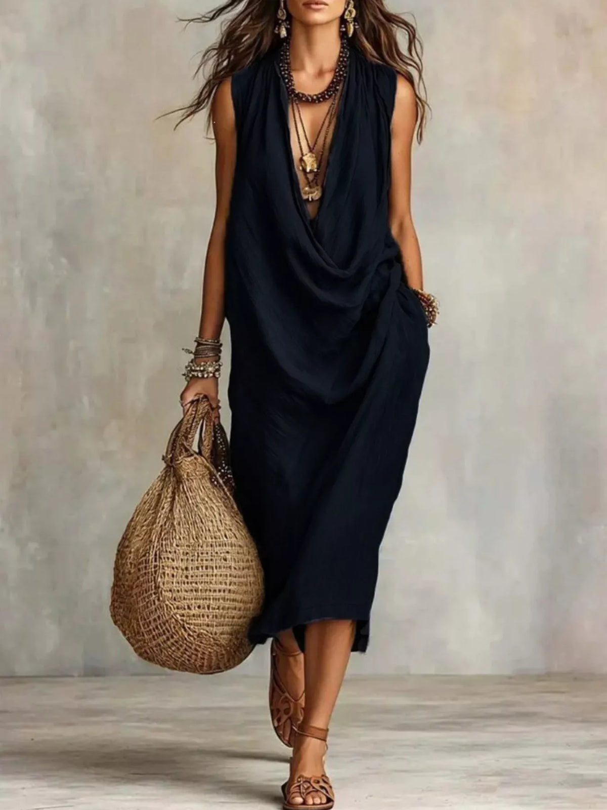 Plus size sleeveless cowl neck midi dress by Trendsi, showing the flowing fabric and stylish neckline in a full-length view.
