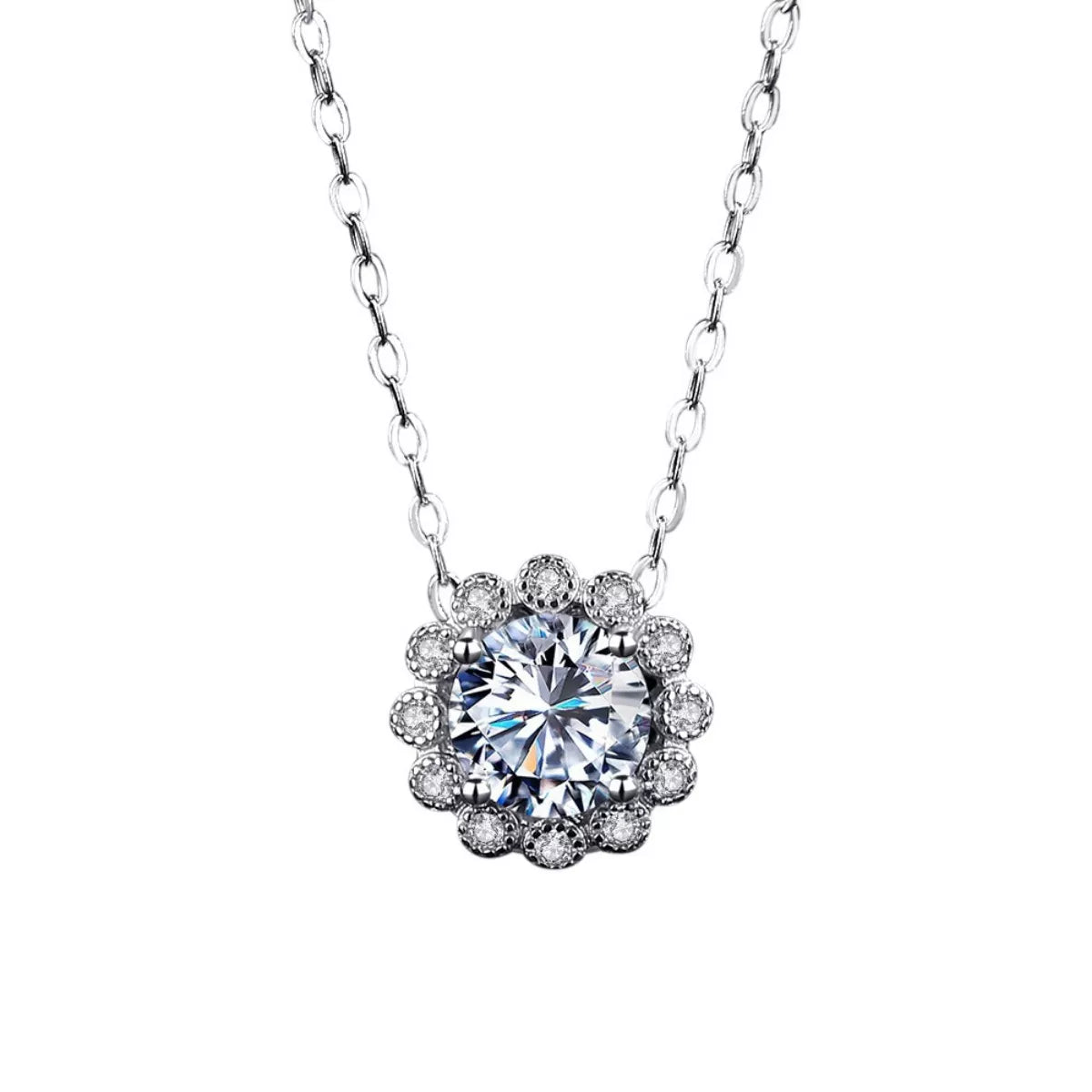 Sterling silver flower necklace with 1 carat moissanite gemstone, delicate design, from Plush Fashion Hub.