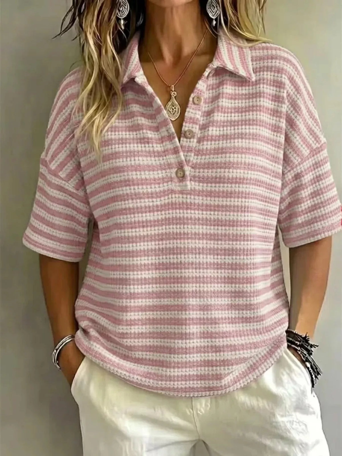 Plus size contrast striped knit polo shirt from Trendsi, featuring a classic collar and full-sized fit, stylish and comfortable top.