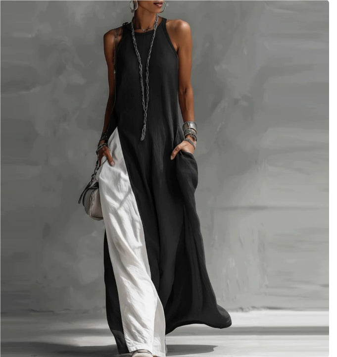 Off-shoulder color-block flared maxi dress with pockets by FitiqueFit, shown in multiple vibrant colors on a model.