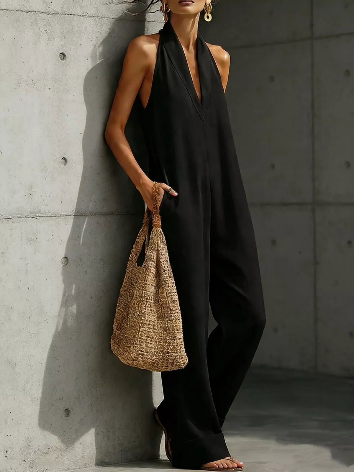 Plus size halter neck wide-leg jumpsuit by Plush Fashion Hub, featuring a stylish fit and full-length design.