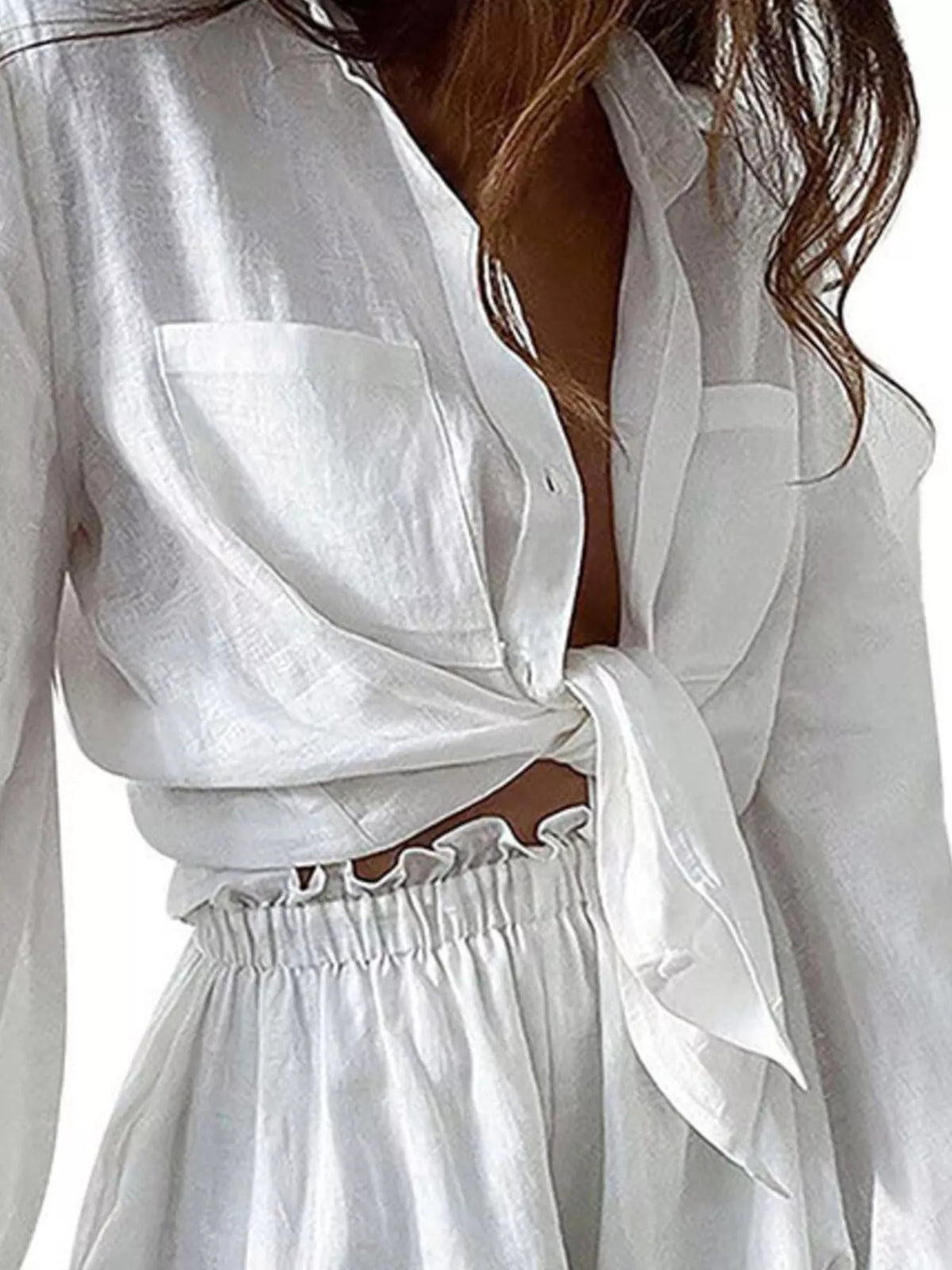 Plush Fashion Hub plush long sleeve shirt and shorts set, featuring button-up top and matching shorts in soft fabric.
