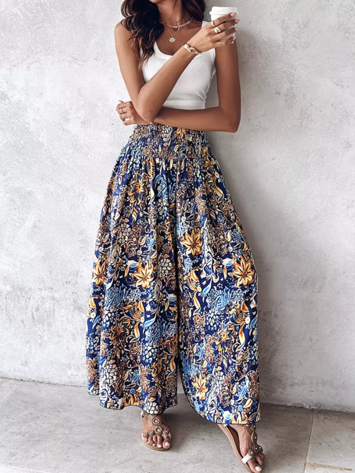 Printed wide-leg pants from Plush Fashion Hub, showcasing lightweight fabric, high waist, and bold pattern design.