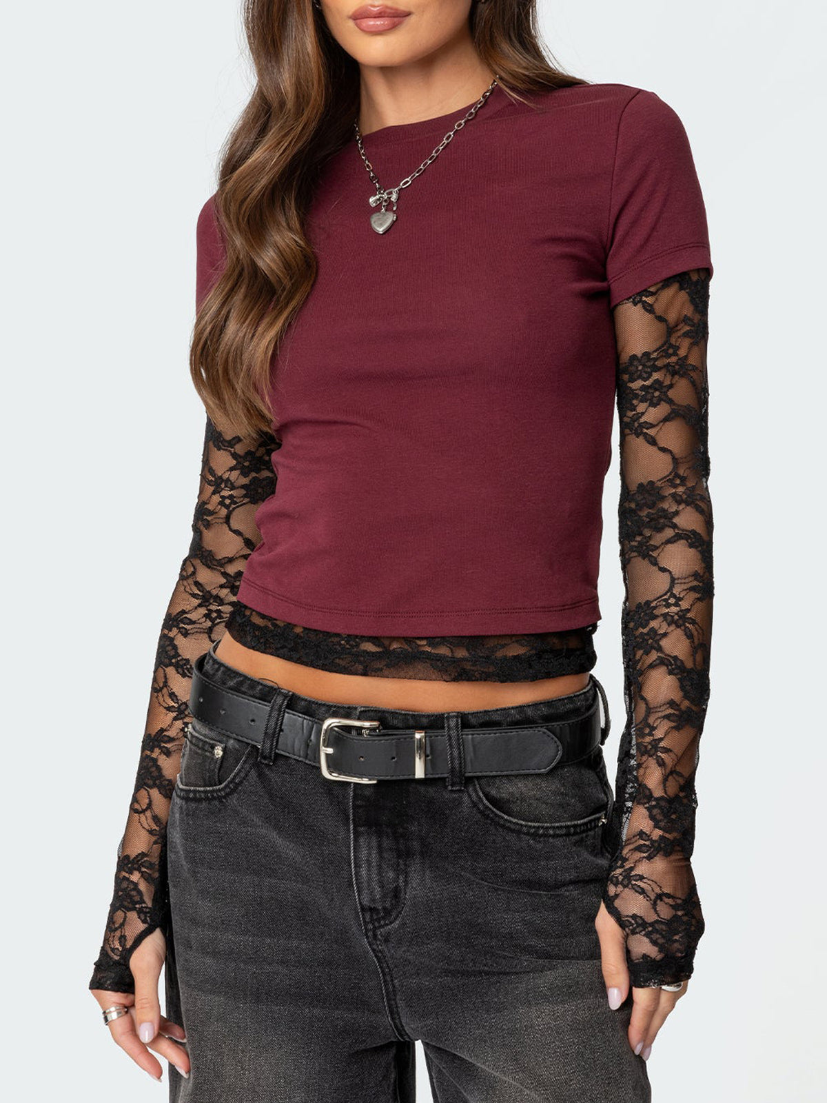 Women's fitted lace sleeve casual T-shirt by Plush Fashion Hub, featuring a stylish design and comfortable fit.