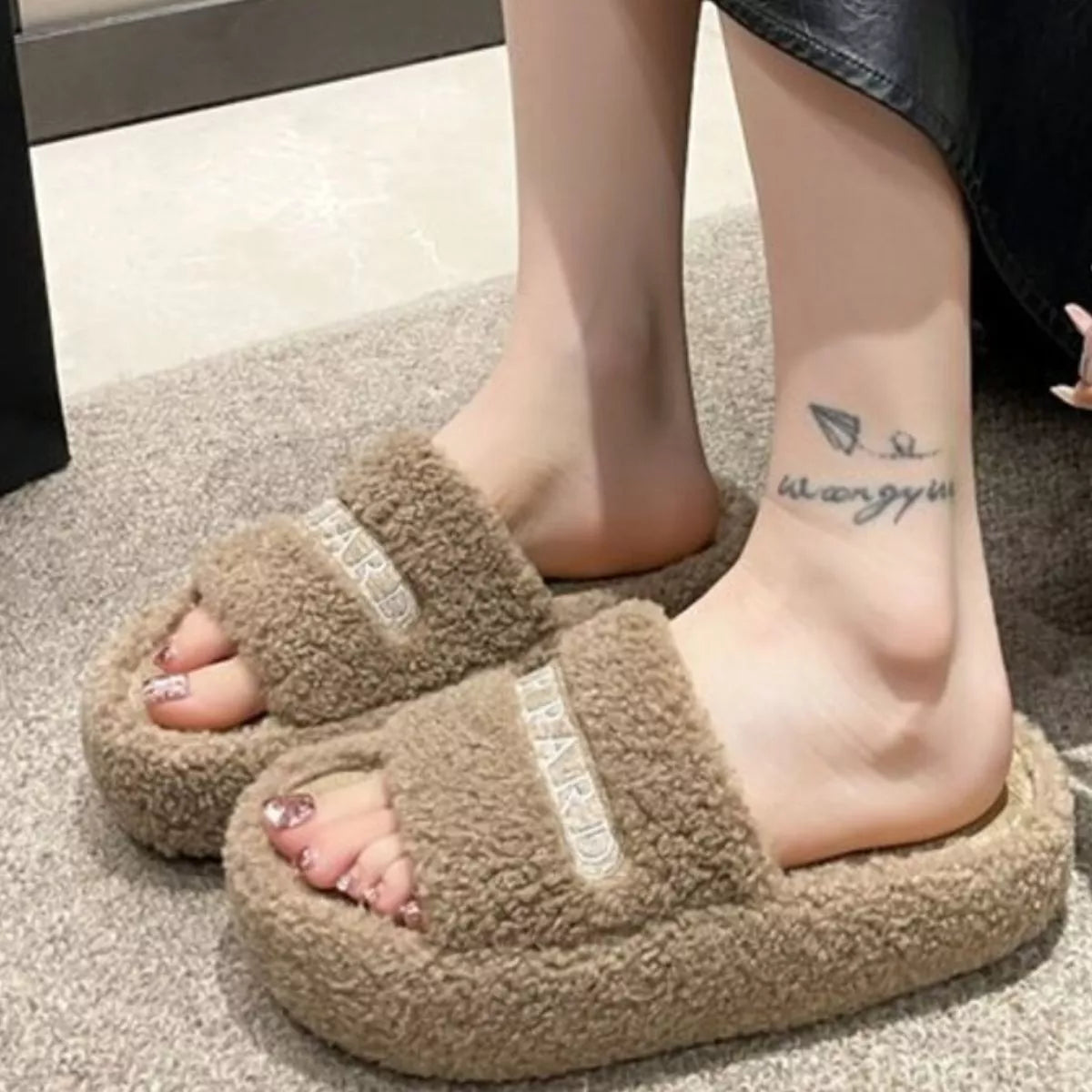 Simply Love fuzzy plush open toe slippers with soft material and open toe design, perfect for cozy indoor wear.
