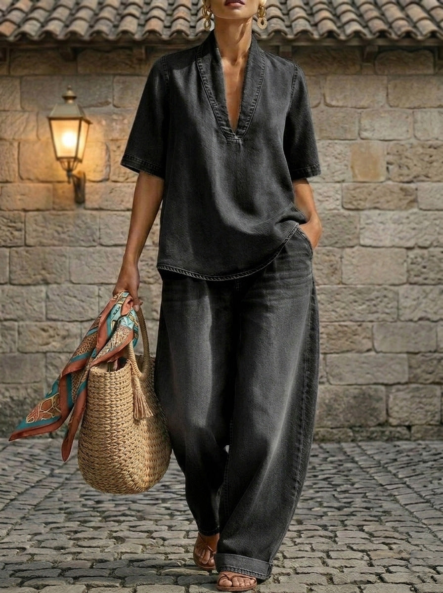 Retro FitiqueFit washed denim V-neck top and wide-leg pants set in three colors, available in sizes S to 3XL, casualwear style.
