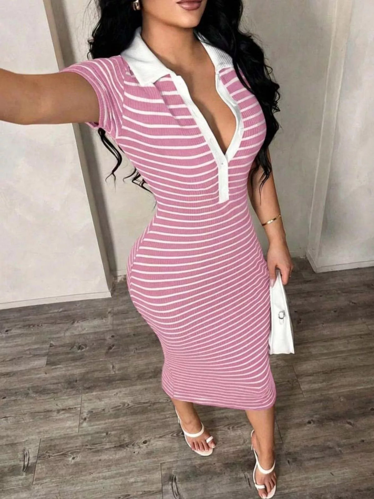 Striped polo collar midi dress by Plush Fashion Hub featuring a fitted silhouette and stylish design.