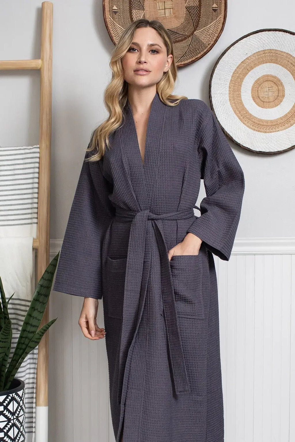 Lightweight Lotus Linen women's waffle robe with quick-dry spa comfort, ideal for cozy lounging or as a Christmas gift.