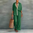 Contrast-color long-sleeve shirt and pants set by FitiqueFit, casual two-piece outfit with stylish color blocking.
