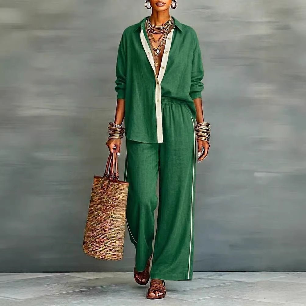 Contrast-color long-sleeve shirt and pants set by FitiqueFit, casual two-piece outfit with stylish color blocking.
