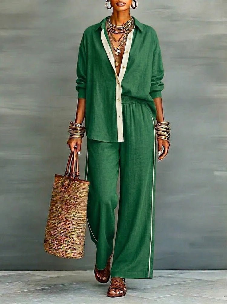 Contrast-color long-sleeve shirt and pants set by FitiqueFit, casualwear two-piece outfit with stylish color blocking.