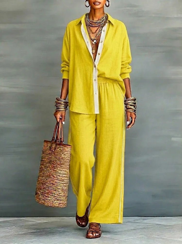 Contrast-color long-sleeve shirt and pants set by FitiqueFit, casualwear two-piece outfit with stylish color blocking.