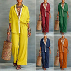 Contrast-color long-sleeve shirt and pants set by FitiqueFit, casualwear two-piece outfit with stylish color blocking.