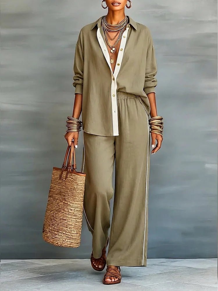 Contrast-color long-sleeve shirt and pants set by FitiqueFit, casualwear two-piece outfit with stylish color blocking.