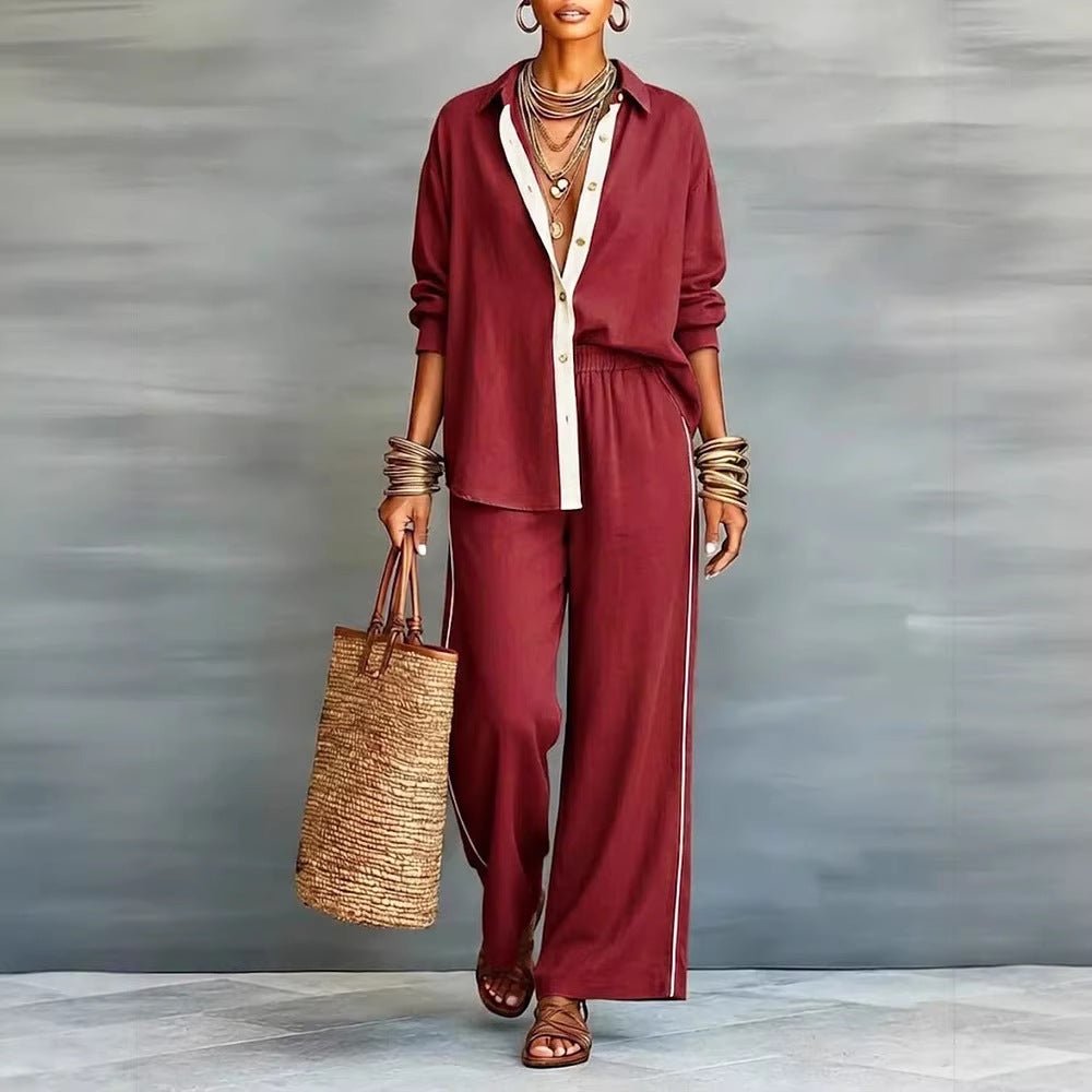 Contrast-color long-sleeve shirt and pants set by FitiqueFit, casualwear two-piece outfit with stylish color blocking.