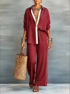 Contrast-color long-sleeve shirt and pants set by FitiqueFit, casual two-piece outfit for comfortable everyday wear.